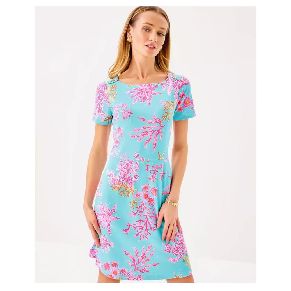 Lilly Pulitzer Blue UPF 50+ Bray Dress with Pink and Gold Coral Pattern, S